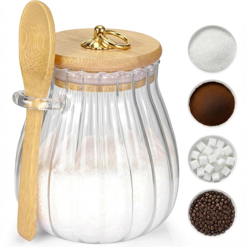 holoith Sugar Container with Bamboo Lid and Spoon,15 oz Sugar Bowl Glass Jar for Coffee Bar Accessories Coffee Canister Kitchen Decor Housewarming Gift Christmas Refillable Design - Image 1