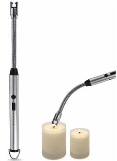 Festive Gallery 360 Degree Windproof Flameless Flexible Neck Long USB Type-C Rechargeable Electric Candle Arc Lighter With LED Battery Display Silver 