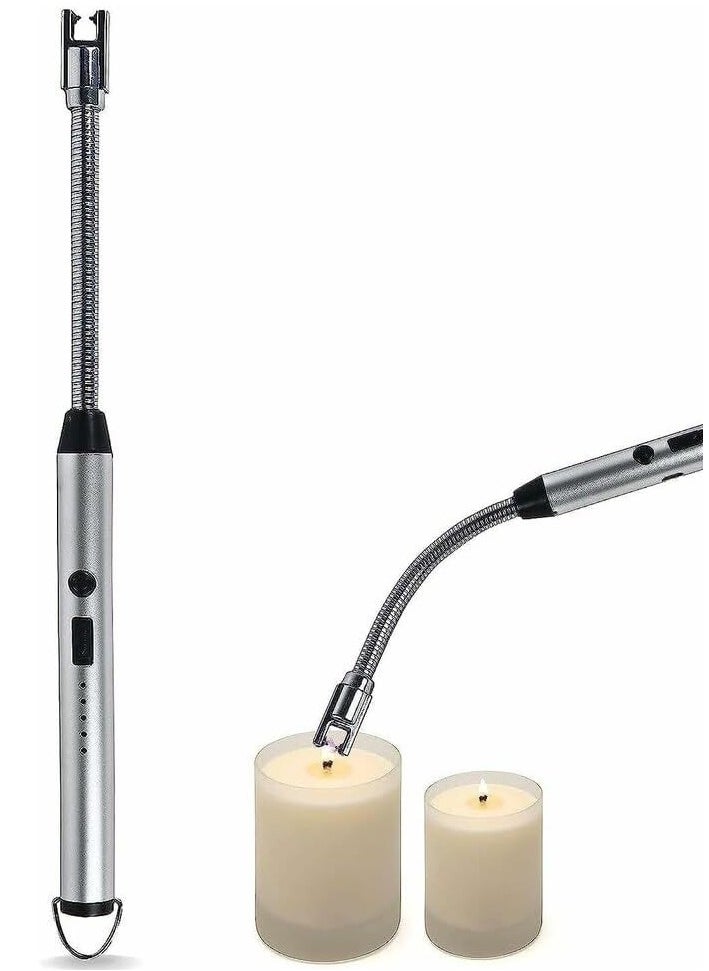 Festive Gallery - 360 Degree Windproof Flameless Flexible Neck Long USB Type-C Rechargeable Electric Candle Arc Lighter With LED Battery Display Silver - Image 1