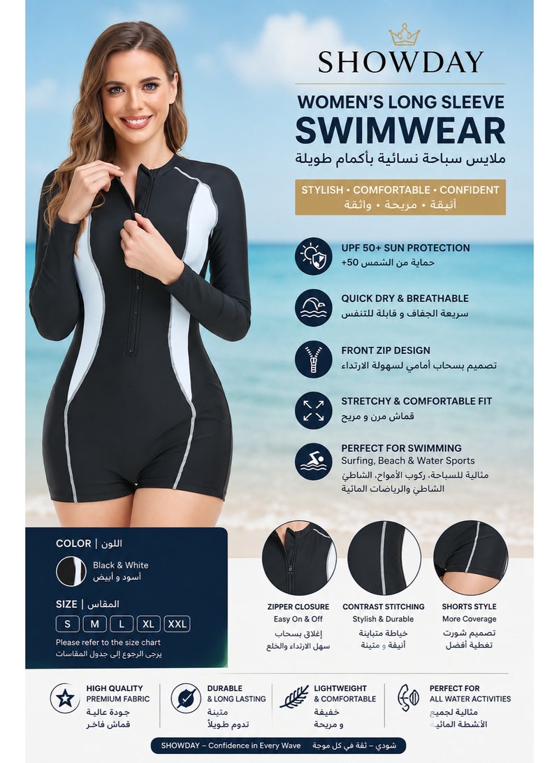SHOWDAY Women's Long Sleeve One-Piece Swimwear Rash Guard Swimsuit with Front Zipper, UV Protection, Black & White - Image 4
