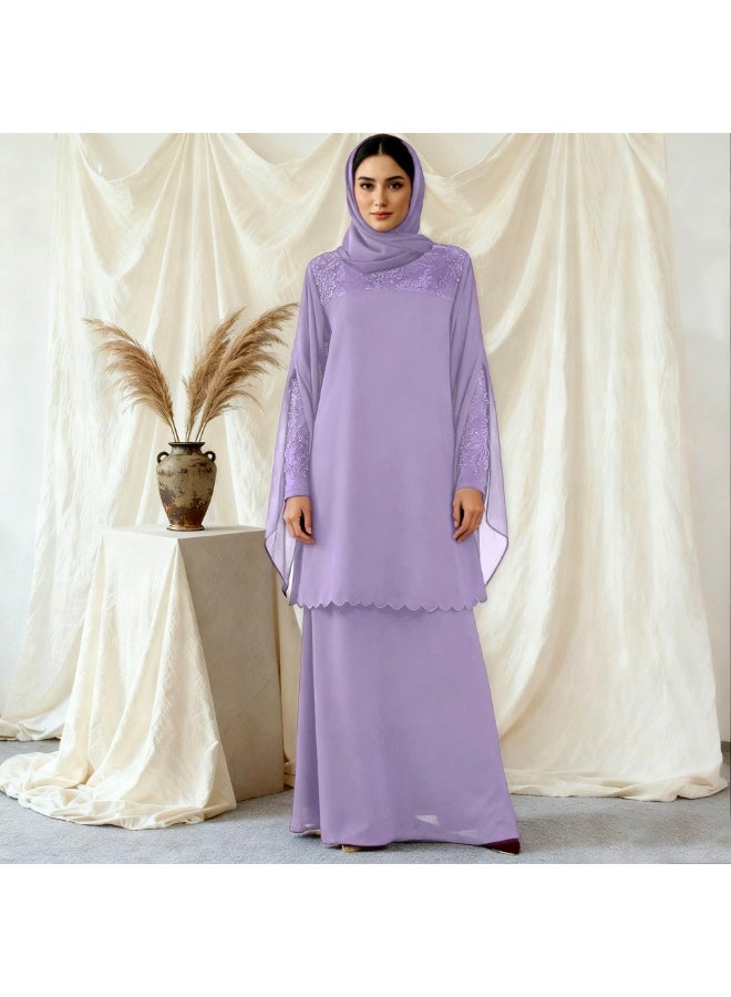 Women Lace Embroidery Chiffon Suit Set Split Flared Sleeve Scalloped Hem Tunic Top Long Skirt - Image 1