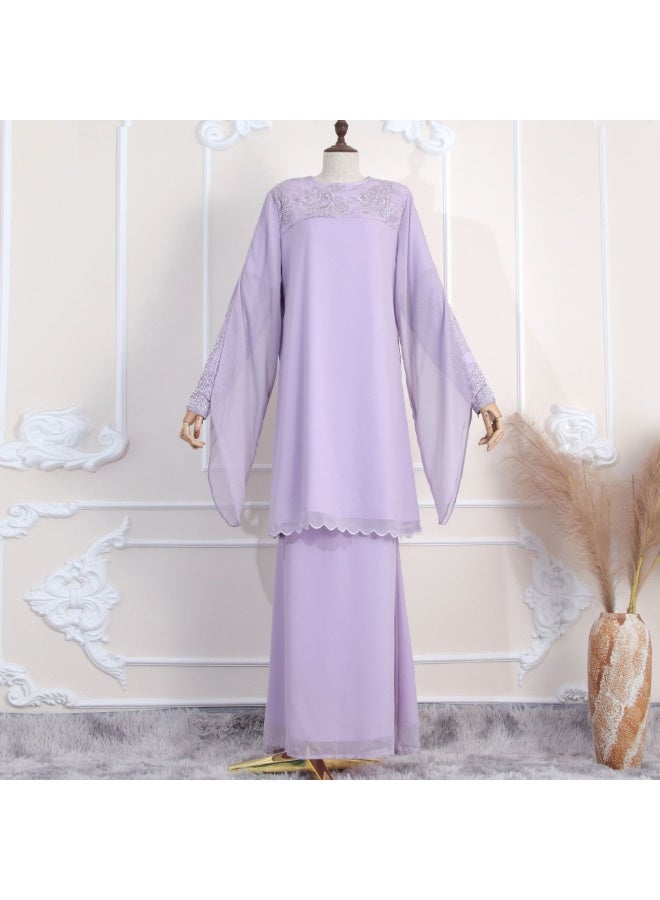 Women Lace Embroidery Chiffon Suit Set Split Flared Sleeve Scalloped Hem Tunic Top Long Skirt - Image 2