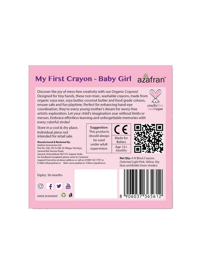 Azafran My First Crayon for Baby Girl, 4 Jumbo Block Crayons, Organic, Washable, Non-Toxic, Easy Grip for Tiny Hands… - Image 2