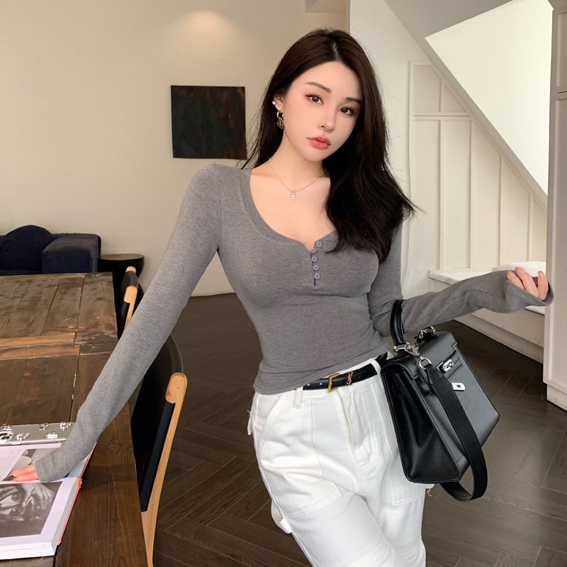 Real S Of Pure Desire, Gentle Style, Slim Fit And Figure-Flattering U-Neck Long-Sleeved T-Shirt With Half-Open Collar Spring Bottoming Top - Image 3