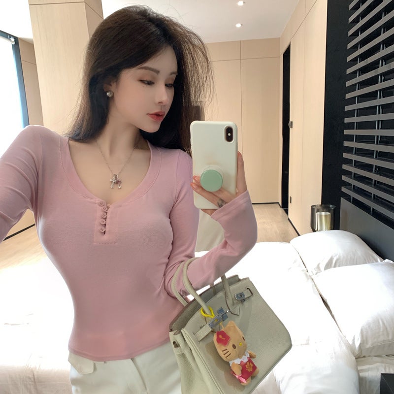 Real S Of Pure Desire, Gentle Style, Slim Fit And Figure-Flattering U-Neck Long-Sleeved T-Shirt With Half-Open Collar Spring Bottoming Top - Image 2