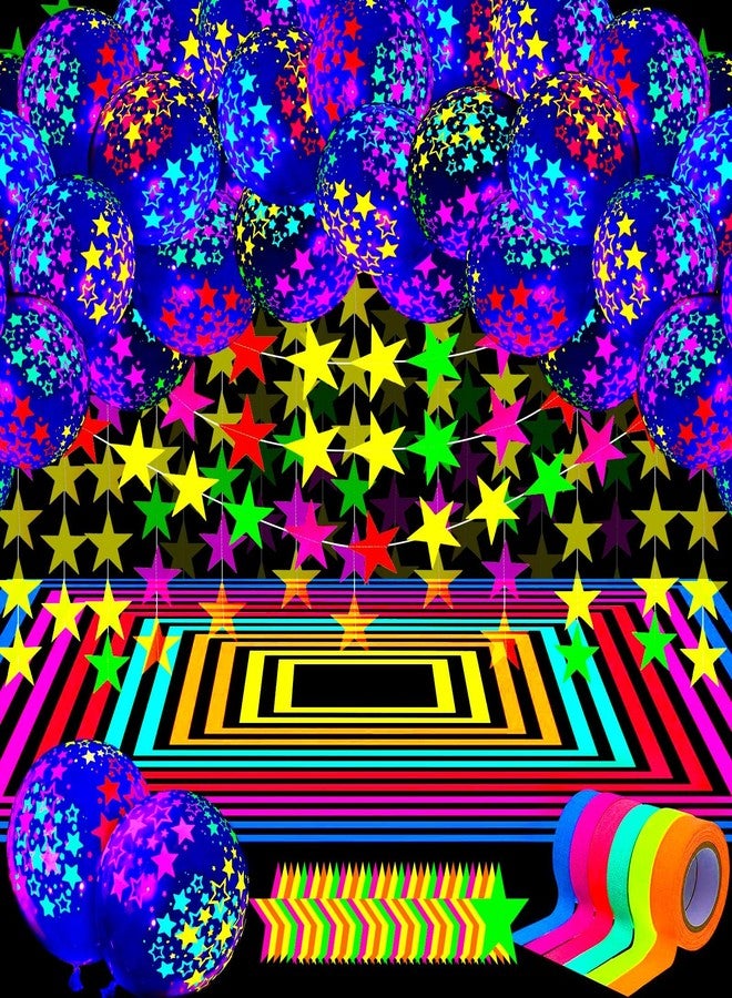 Skylety Glow in the Dark Party Supplies Glow Neon Party Supply Set, 98.4 ft 6 Rolls Blacklight Luminous Tape 14.4 ft Neon Streamer Garland 25 Pcs Fluorescent Halloween Balloon Decor(Clear,Star) - Image 1