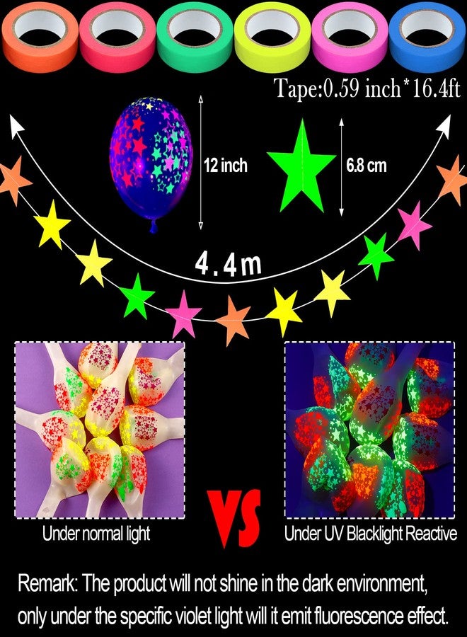 Skylety Glow in the Dark Party Supplies Glow Neon Party Supply Set, 98.4 ft 6 Rolls Blacklight Luminous Tape 14.4 ft Neon Streamer Garland 25 Pcs Fluorescent Halloween Balloon Decor(Clear,Star) - Image 5