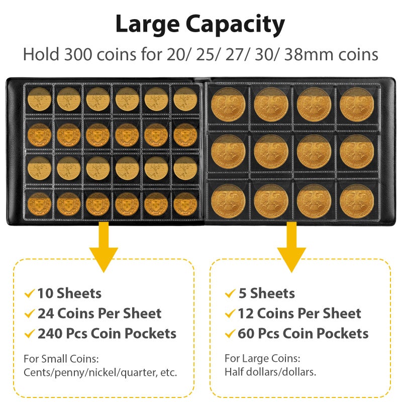 Aptbyte Coin Collection Supplies Holder Book for Collectors, 300 Pockets Coin Collection Organizer Storage Box Case Album for 20/25/ 27/30/ 38mm Coins (Vintage pattern black) - Image 2