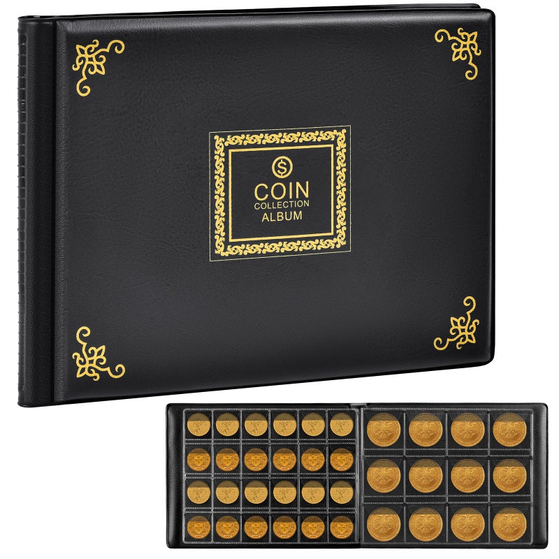 Aptbyte Coin Collection Supplies Holder Book for Collectors, 300 Pockets Coin Collection Organizer Storage Box Case Album for 20/25/ 27/30/ 38mm Coins (Vintage pattern black) - Image 1