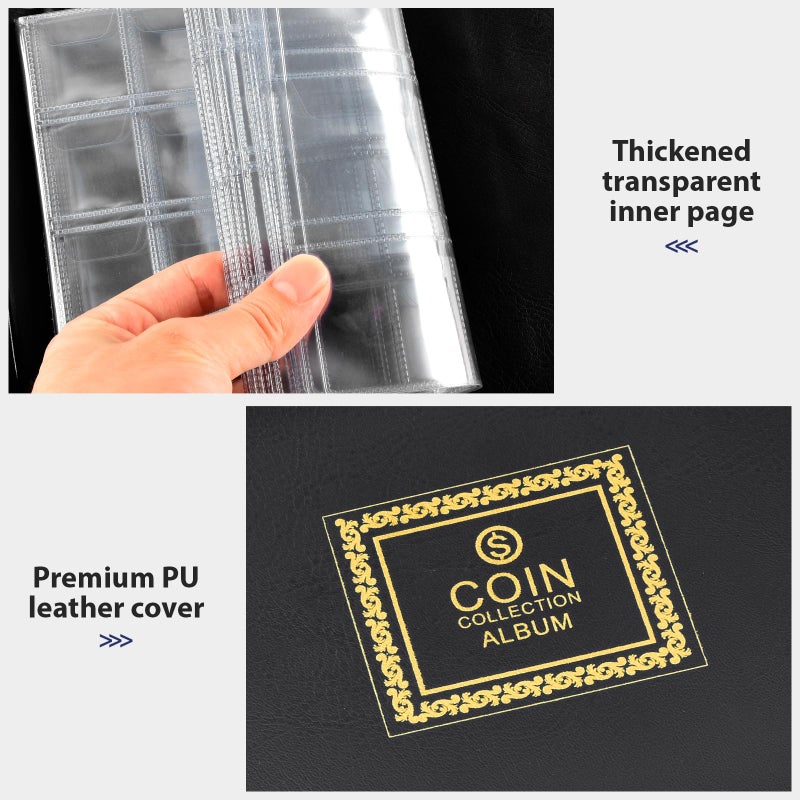 Aptbyte Coin Collection Supplies Holder Book for Collectors, 300 Pockets Coin Collection Organizer Storage Box Case Album for 20/25/ 27/30/ 38mm Coins (Vintage pattern black) - Image 4