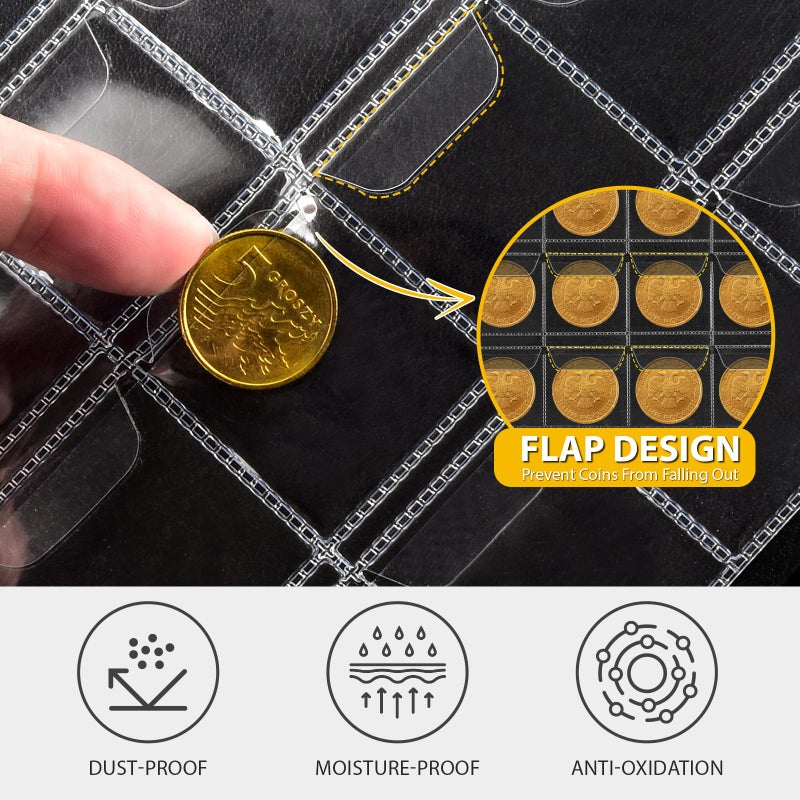 Aptbyte Coin Collection Supplies Holder Book for Collectors, 300 Pockets Coin Collection Organizer Storage Box Case Album for 20/25/ 27/30/ 38mm Coins (Vintage pattern black) - Image 3