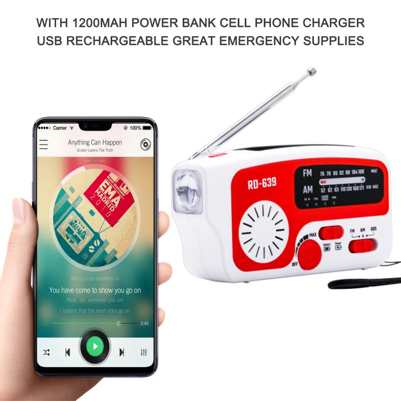 راديو طوارئ AM/FM محمول يعمل بالملاحة اليدوية ويمكن إعادة شحنه بالطاقة الشمسية مع مصباح يدوي LED - Image 2