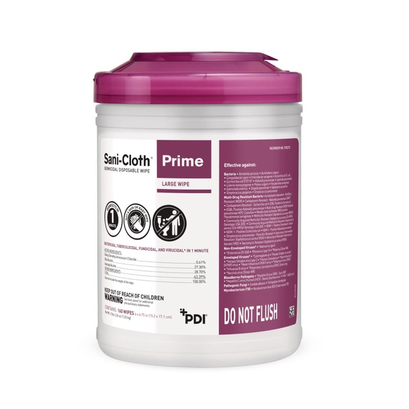 PDI Sani-Cloth Prime Germicidal Wipe, Hospital Disinfection, 1-Minute Contact Time, Quat Alcohol, Durable Large 6" x 6.75" Wipes, 160/Canister - Image 1