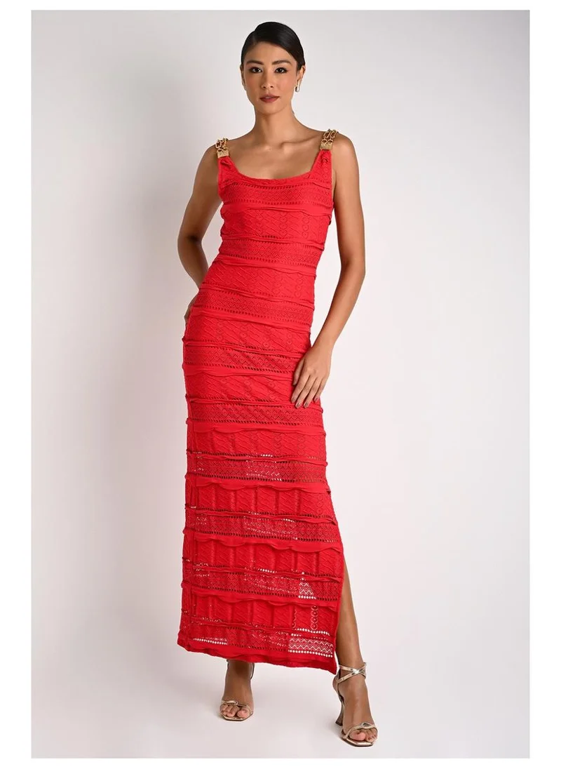 Midi Sheath Dress with Mesh Effect in Red