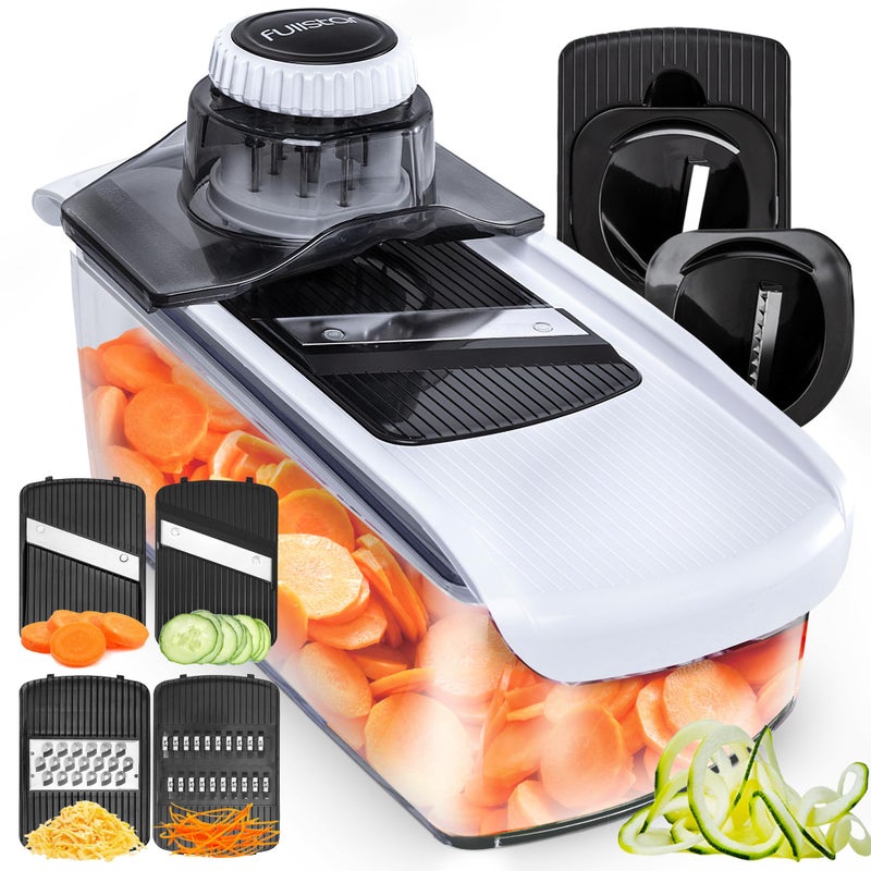 Fullstar Mandoline Slicer for Kitchen, Cucumber Slicer, Cheese Grater Vegetable Spiralizer and Veggie Slicer for Cooking, Kitchen Gadgets Organizer & Safety Glove Included (6 in 1, White) - Image 1