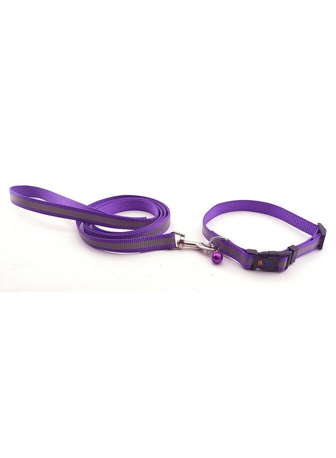 طوق رقبة من النايلون العاكس مقاس 15 مم وحزام مع جرس مثالي للتدريب/المشي مع الكلاب الصغيرة والجراء (أرجواني) - Image 1