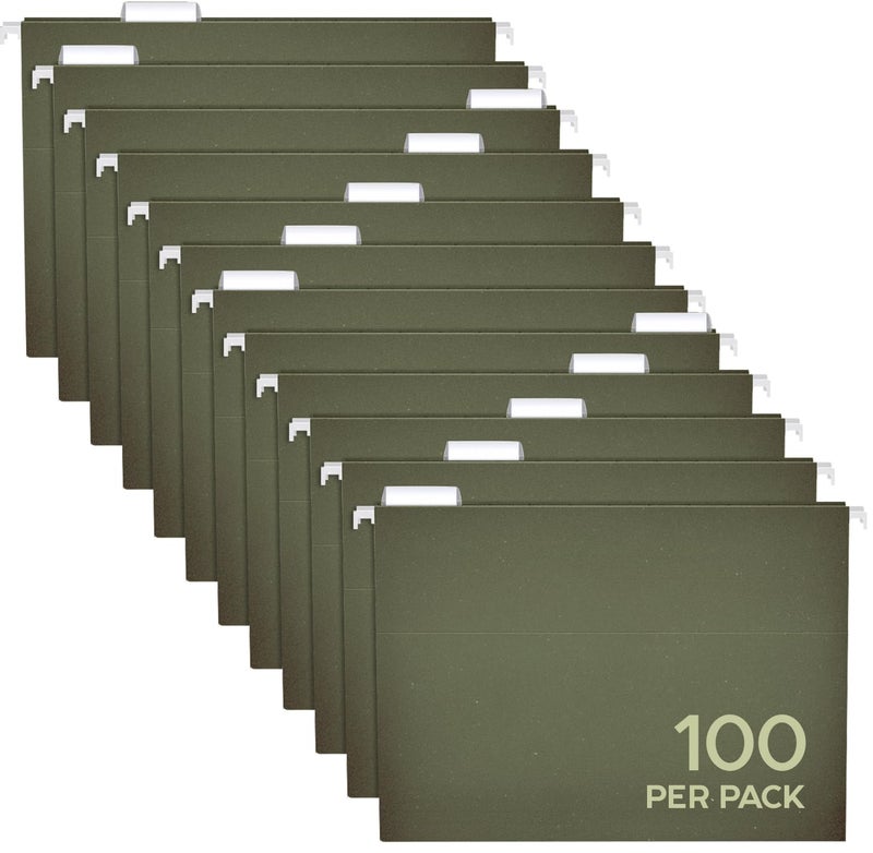 Pendaflex Hanging File Folders Letter Size - 100 Pack - 1/5 Cut Adjustable Tabs - Green Bulk File Folders with Tabs 8.5 X 11 Inches - Image 1