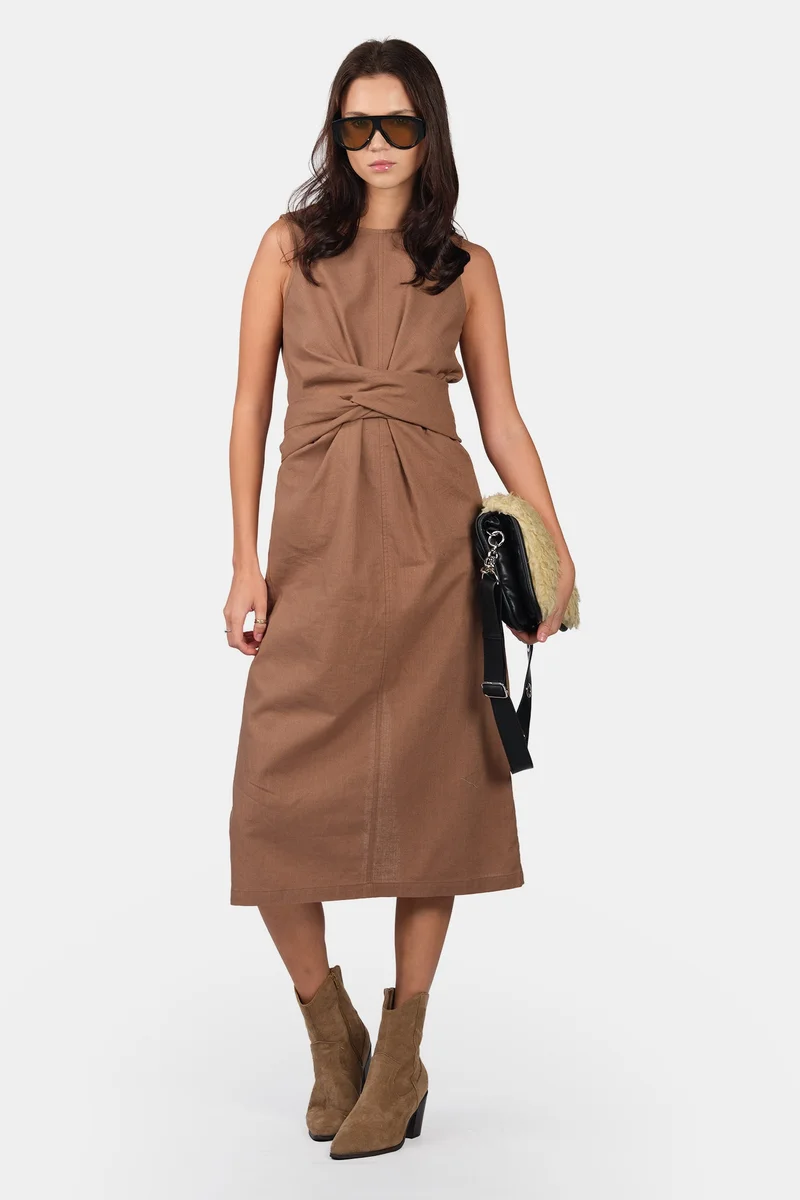 Virgio Solid Linen Tie-Front Midi Dress for Women