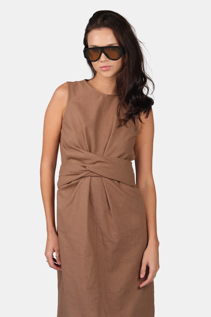 Virgio Solid Linen Tie-Front Midi Dress for Women