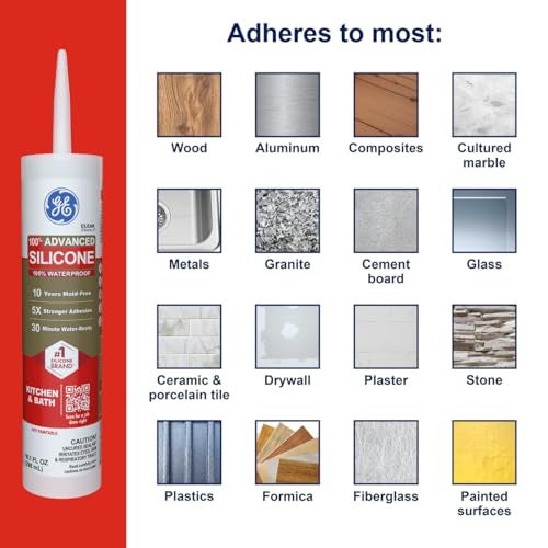 GE Advanced Silicone Caulk for Kitchen & Bathroom, Clear, 10 fl oz Cartridge, 12 Pack - 100% Waterproof Silicone Sealant, 5X Stronger Adhesion, Shrink & Crack Proof - Image 4