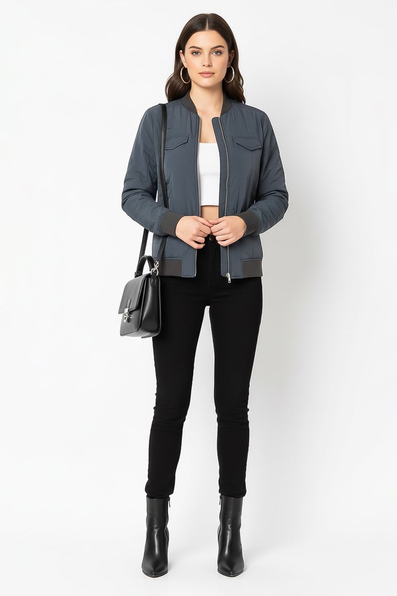 LACOSTE Women Plain Bomber Jacket, Grey - Image 1