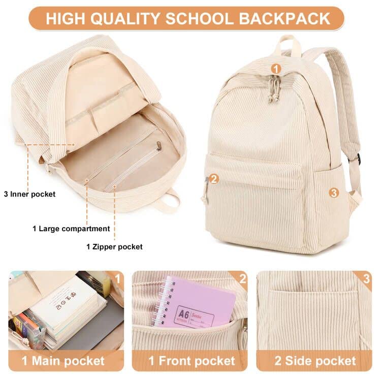 BTOOP School Backpack for Teens Large Corduroy Bookbag Lightweight 15.6 inch Laptop Bag for Girls Women Casual High School College - Image 3