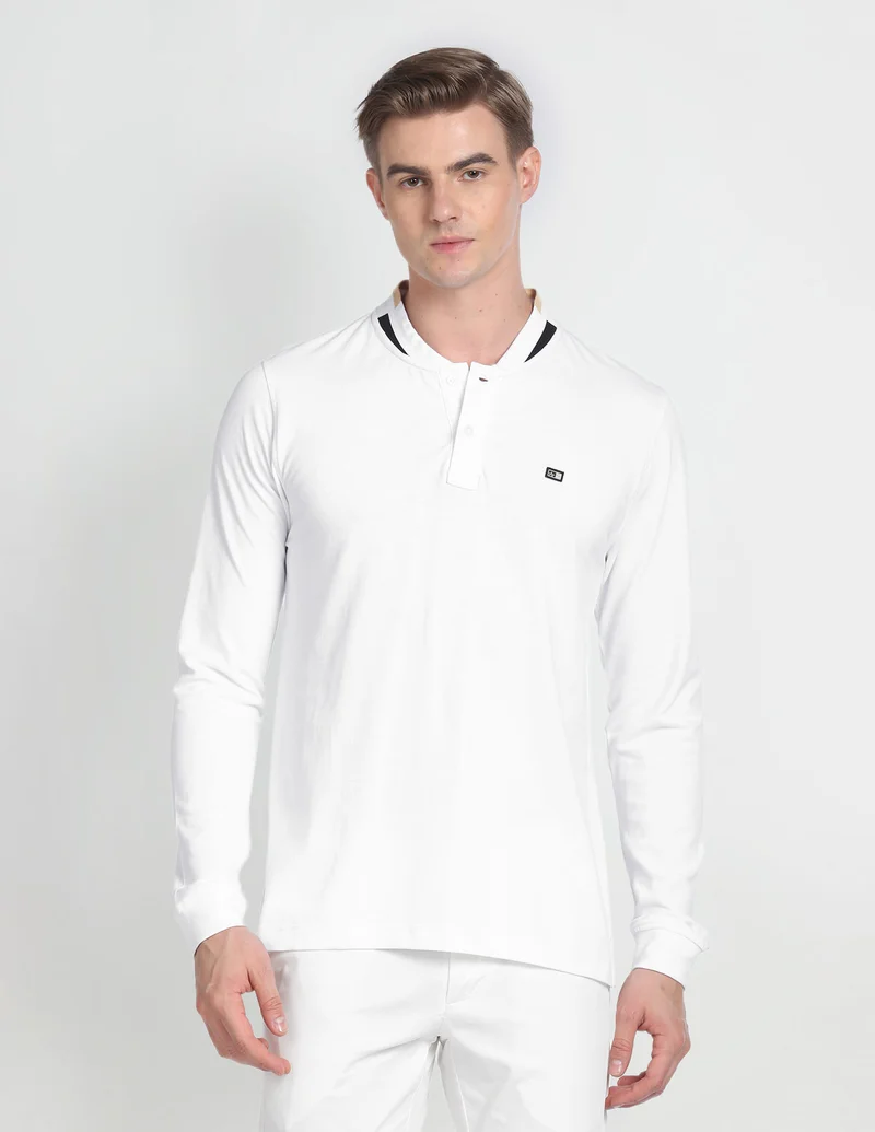 Arrow White Long Sleeve Stand Neck Polo Shirt for Men | Best Price UAE