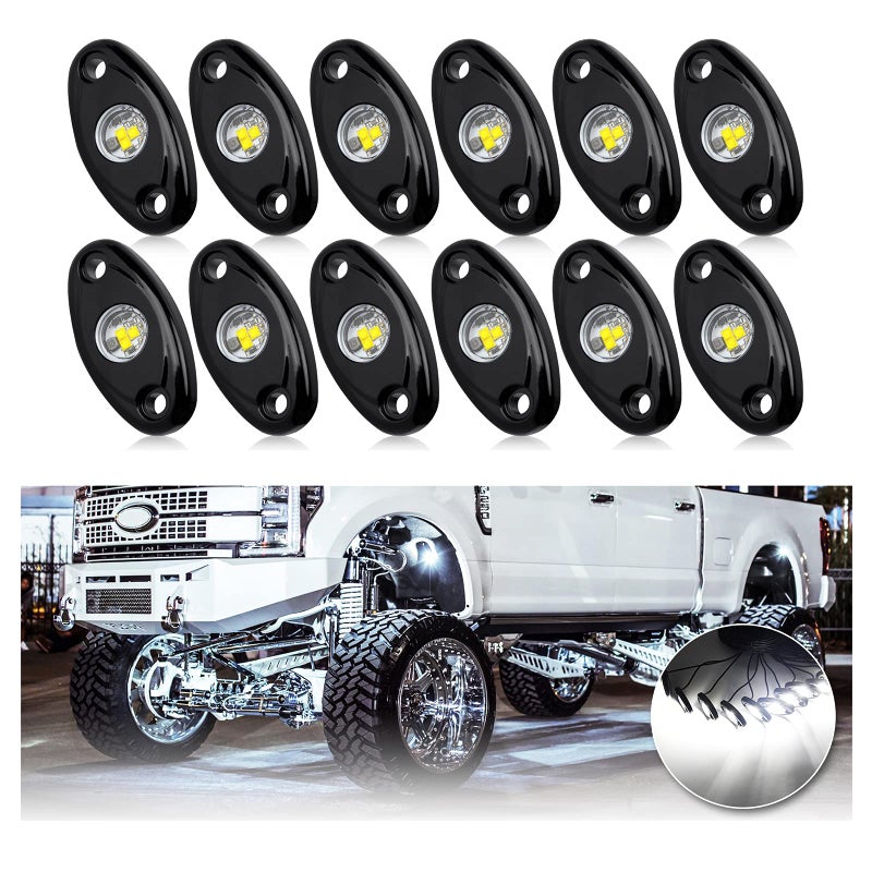 OPP ULITE White LED Rock Lights Kit 12 Pods Underglow for Jeep Offroad Truck Car ATV SUV Boat Motorcycle Vehicle Under Body Glow Lamp Trail Fender Lighting 12pods Rock W