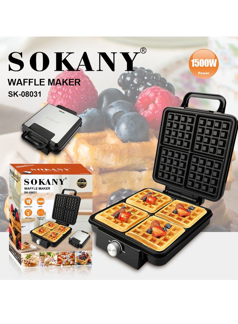 sokany Electric waffle maker 4 large pieces 1500 watts Non Stick Teflon plates & Adjustable Temperature Control SK-08031 Black  - Image 1
