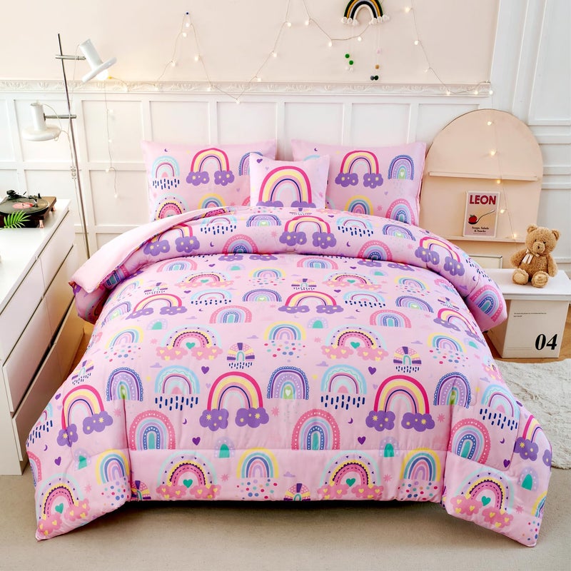 ANGIYUIN Colorful Rainbow Twin Size Comforter Set for Girls Cartoon Clouds Love Hearts Bedding Set with Sheets 6Pcs Kids Bed in A Bag, Pink, Twin - Image 1