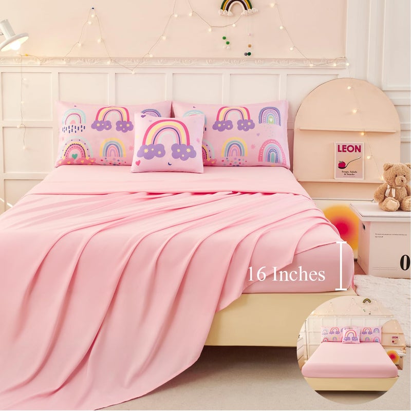 ANGIYUIN Colorful Rainbow Twin Size Comforter Set for Girls Cartoon Clouds Love Hearts Bedding Set with Sheets 6Pcs Kids Bed in A Bag, Pink, Twin - Image 5