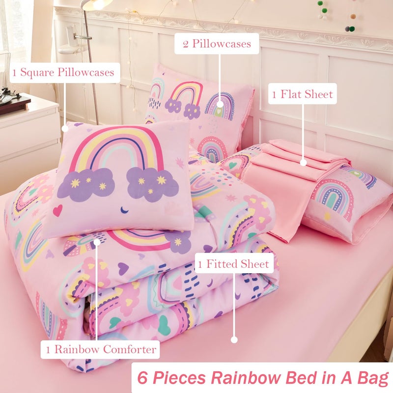 ANGIYUIN Colorful Rainbow Twin Size Comforter Set for Girls Cartoon Clouds Love Hearts Bedding Set with Sheets 6Pcs Kids Bed in A Bag, Pink, Twin - Image 4