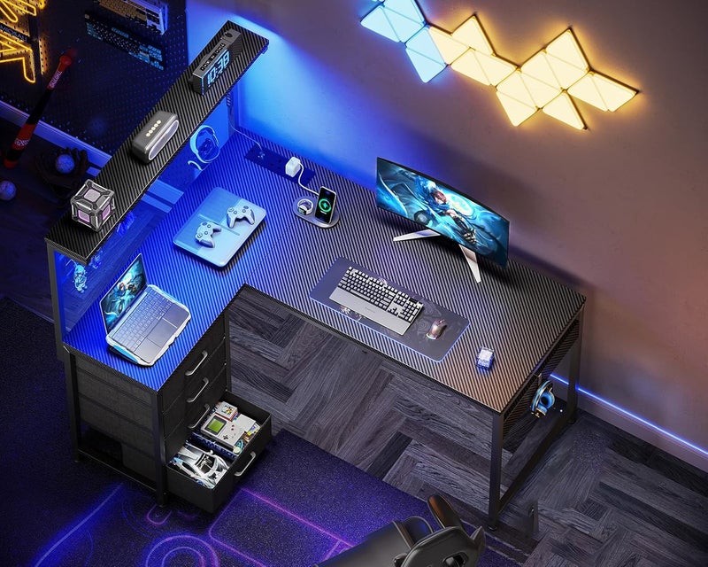 Coleshome L Shaped Gaming Desk with Drawers & Shelf, 110 × 80 cm Reversible Corner Computer Desk with LED Lights & Power Outlets, Gaming Table with Hook, Carbon Fiber Black - Image 2