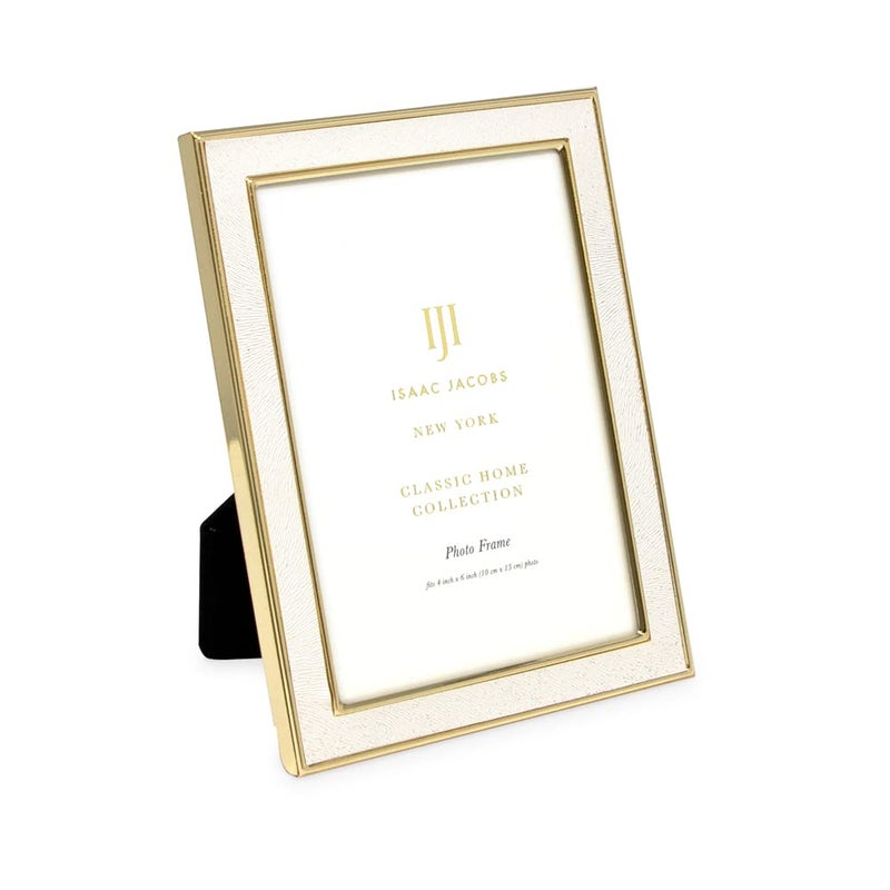 Isaac Jacobs Isaac Jacobs 4x6 White Textured Leather Vertical  Horizontal  Gold Metal Picture Frame with Black Fabric Easel WallMountable Made for Tabletop Home or Office 4x6 White W Gold