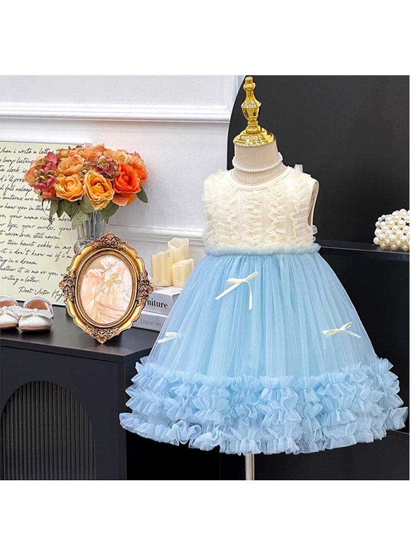 1-2Y Baby Girl Toddler Princess Dress, Sleeveless White and Blue Tulle Summer Outfit, Elegant Ruffle Bow Design, Perfect for Weddings, Eid, Birthday Parties and Family Gatherings, Fit for 80-90cm Girls  - Image 2