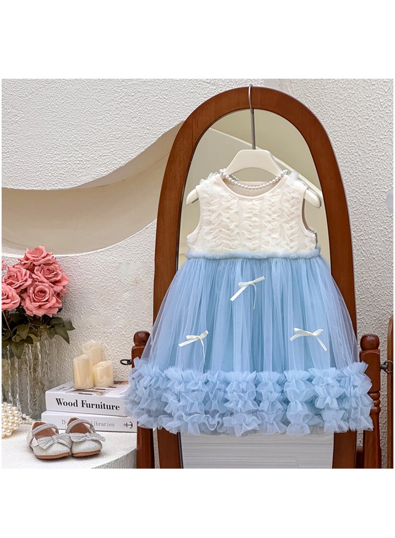 1-2Y Baby Girl Toddler Princess Dress, Sleeveless White and Blue Tulle Summer Outfit, Elegant Ruffle Bow Design, Perfect for Weddings, Eid, Birthday Parties and Family Gatherings, Fit for 80-90cm Girls  - Image 1