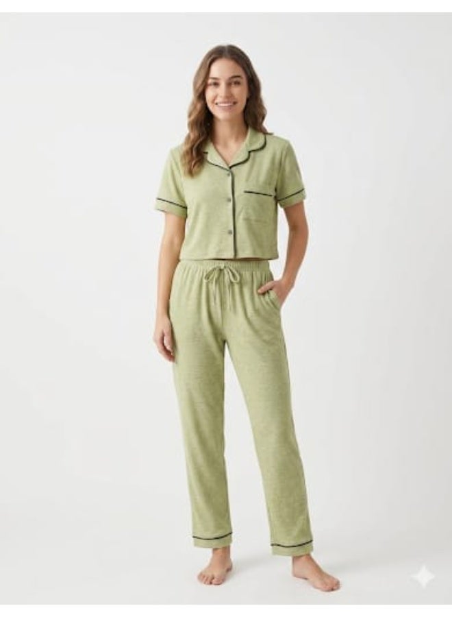 ZECOTEX Premium Cotton Pajama Set - Short Sleeve Crop Button-Down Shirt & Elastic Loose Pants - 2-Piece Summer Loungewear Collection XS to L - Image 1