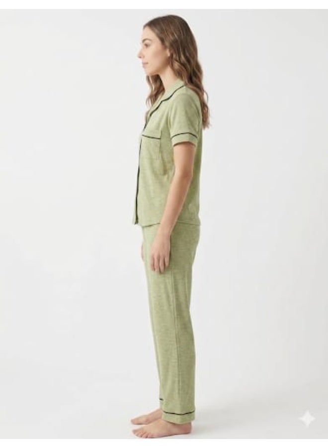 ZECOTEX Premium Cotton Pajama Set - Short Sleeve Crop Button-Down Shirt & Elastic Loose Pants - 2-Piece Summer Loungewear Collection XS to L - Image 3