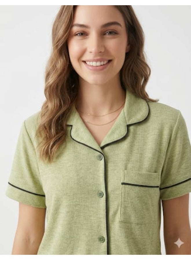 ZECOTEX Premium Cotton Pajama Set - Short Sleeve Crop Button-Down Shirt & Elastic Loose Pants - 2-Piece Summer Loungewear Collection XS to L - Image 2