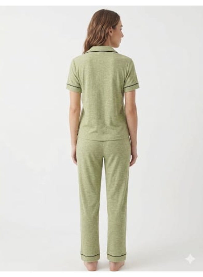 ZECOTEX Premium Cotton Pajama Set - Short Sleeve Crop Button-Down Shirt & Elastic Loose Pants - 2-Piece Summer Loungewear Collection XS to L - Image 4