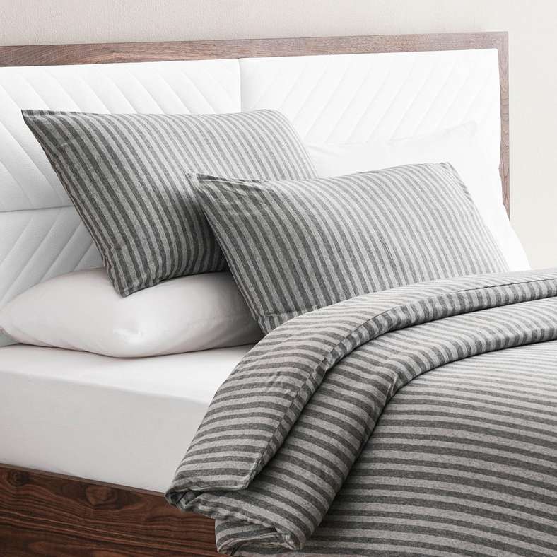 Pan Home طقم غطاء لحاف سوبر كينج من قطن الجيرسي المخطط 3 قطع 260x220 سم - رمادي - Image 1