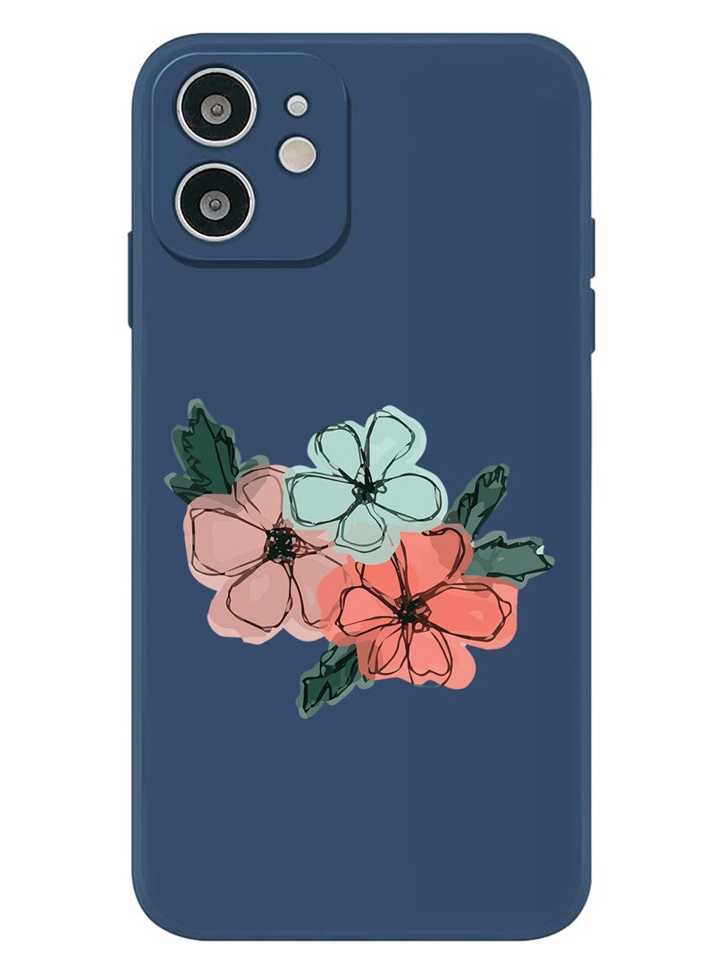 Theodor Protective Slim Fit Case Liquid Silicone Cover with Full Body Protection Anti-Scratch Shockproof Case For iPhone 12 Blue  - Flowers - Image 1