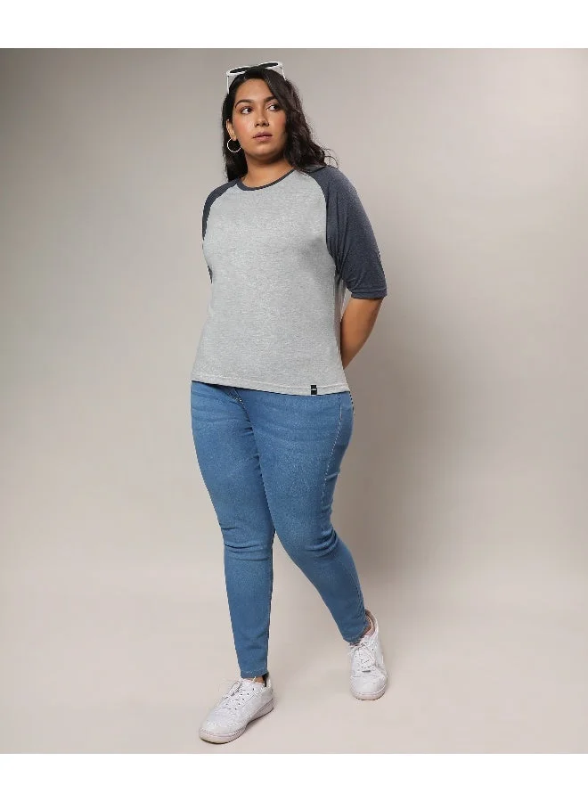 Instafab Plus Women's Light Grey & Prussian Blue Raglan Sleeve Top