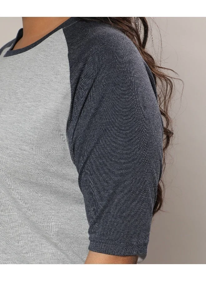 Instafab Plus Women's Light Grey & Prussian Blue Raglan Sleeve Top