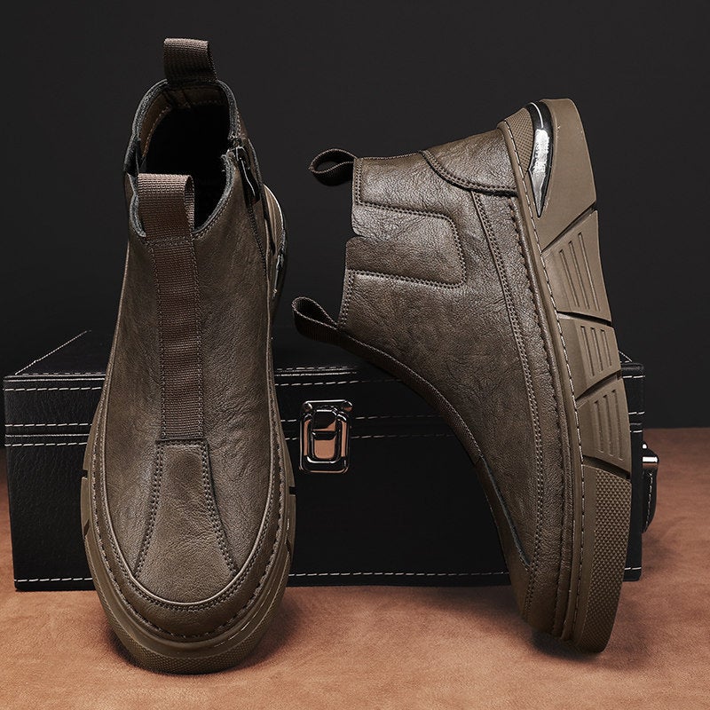 Leather Tooling Martin Boots Men'S Spring High-Top British-Style Fleece-Lined Leather Boots Genuine Leather Mid-Top Leather Shoes - Image 3