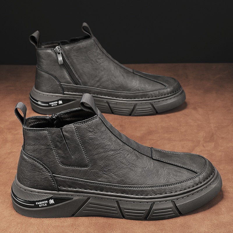 Leather Tooling Martin Boots Men'S Spring High-Top British-Style Fleece-Lined Leather Boots Genuine Leather Mid-Top Leather Shoes - Image 4