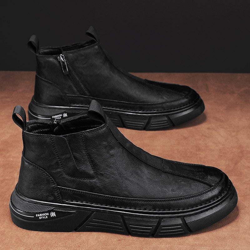Leather Tooling Martin Boots Men'S Spring High-Top British-Style Fleece-Lined Leather Boots Genuine Leather Mid-Top Leather Shoes - Image 2