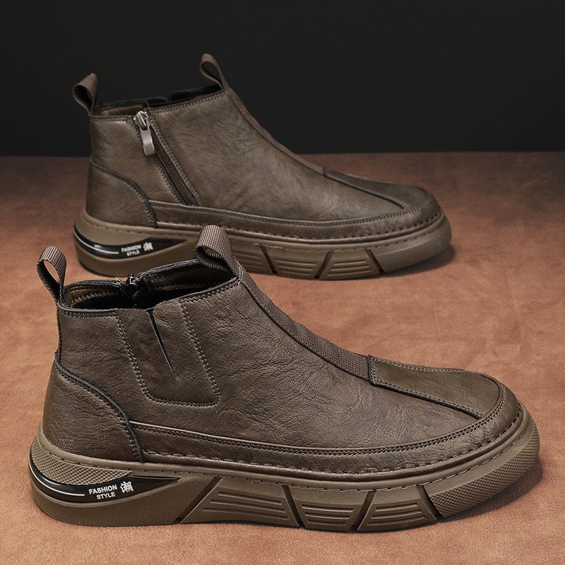 Leather Tooling Martin Boots Men'S Spring High-Top British-Style Fleece-Lined Leather Boots Genuine Leather Mid-Top Leather Shoes - Image 5
