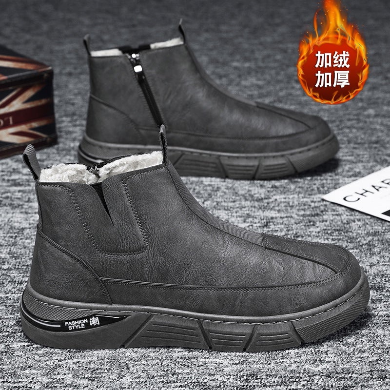 Leather Tooling Martin Boots Men'S Spring High-Top British-Style Fleece-Lined Leather Boots Genuine Leather Mid-Top Leather Shoes - Image 1