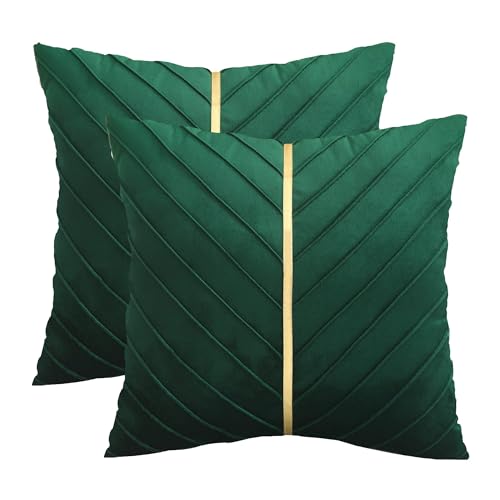 Tosleo Christmas Green Velvet Throw Pillow Covers 16 x 16 inch Pack of 2 with Gold Leather Forest Green Decorative Couch Pillowcase Luxury Modern Pillow Cover - Image 1